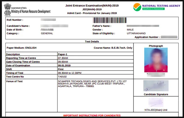 JEE Mains Admit Card 2025